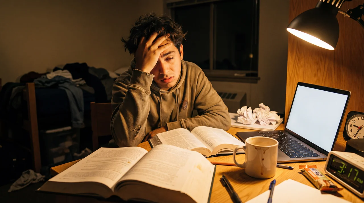 Estudiante agobiado estudiando de noche con libros y laptop